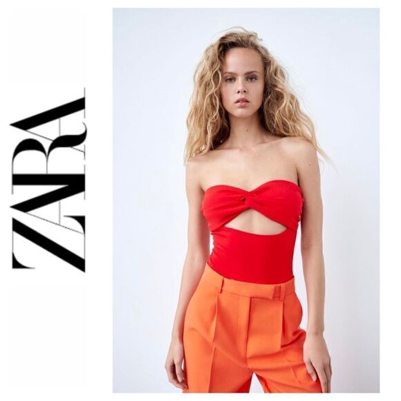 NWT Zara Sweetheart Neckline Off-the-Shoulder Bodysuit with Knot in Red, Small - Picture 1 of 14